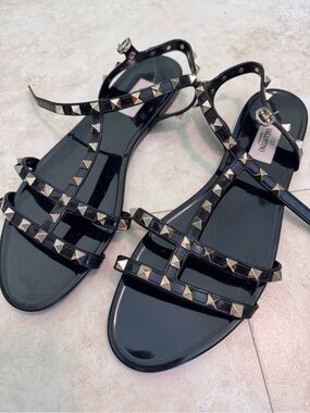 Valentino Black Patent Rockstud Strappy Sandals